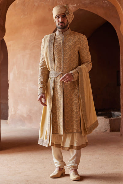 Gold resham embroidered sherwani set