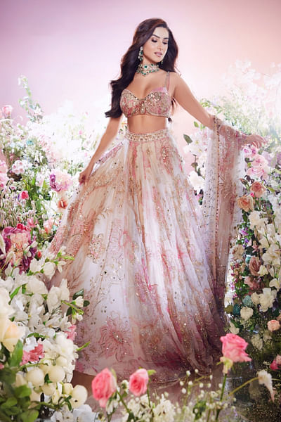 Rose floral printed embroidered lehenga set