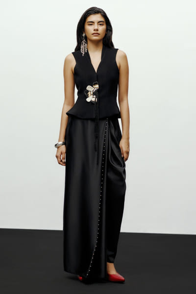 Black beaded draped satin pants