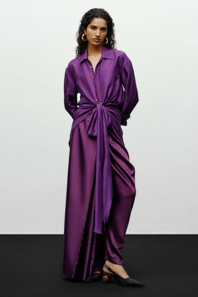 Purple beaded draped satin pants