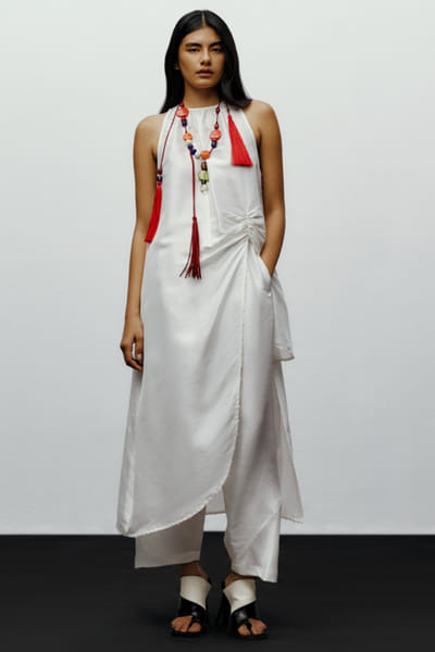 White draped silk kurta set