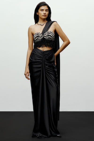 Black draped satin sari