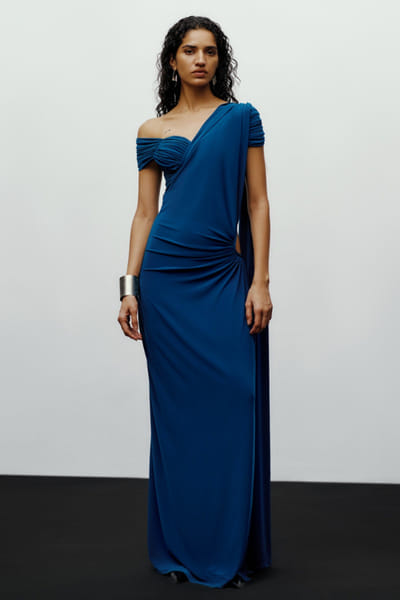 431-88 by Shweta Kapur Teal draped jersey mule sari 431JAN26D136788