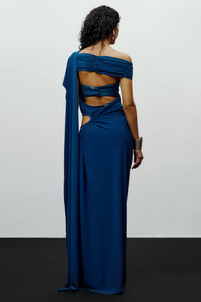431-88 by Shweta Kapur Teal draped jersey mule sari 431JAN26D136788