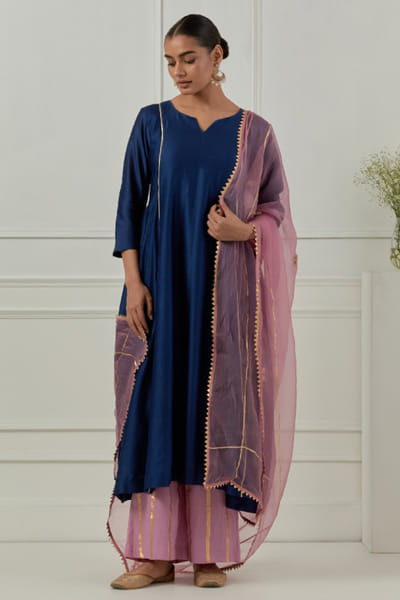 Midnight blue and pink chanderi kurta set