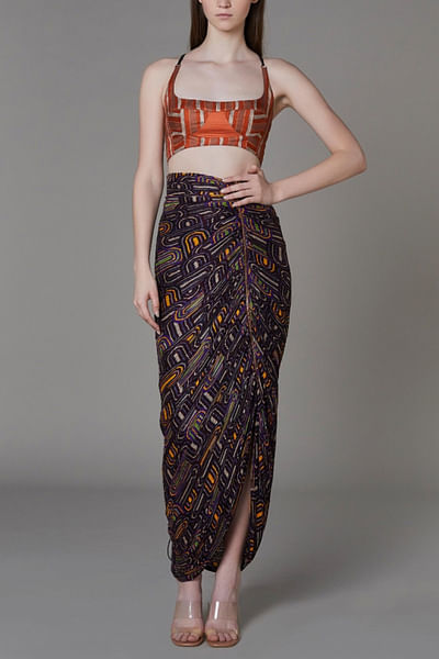 Printed cotton silk wrap skirt set