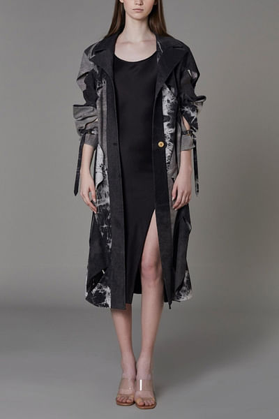 Black satin slip dress and patchwork coat