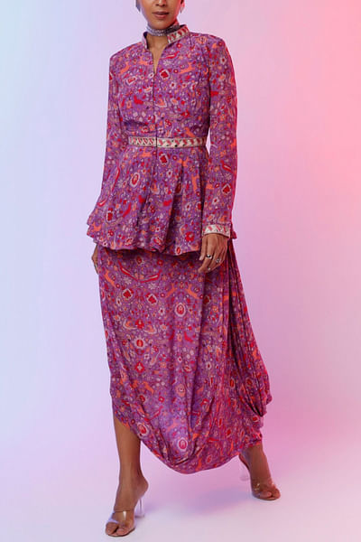 Purple printed peplum and drape skirt