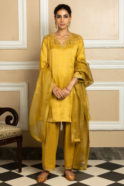 Mustard zari embroidered kurta set