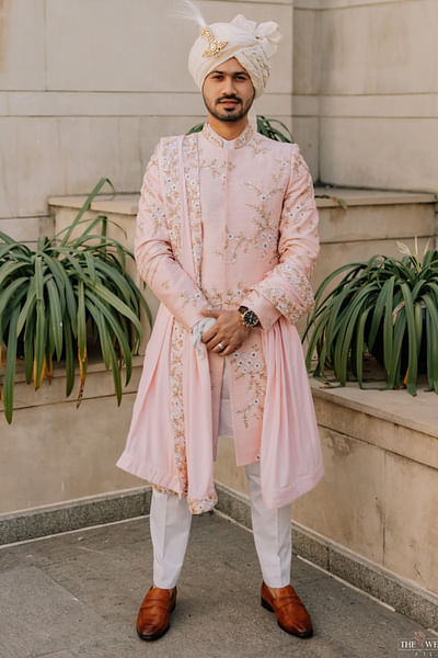 Blush pink zardozi embroidered sherwani set