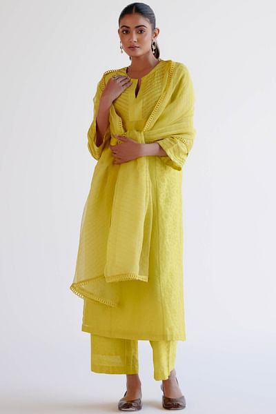 Lemon yellow resham embroidered kurta set