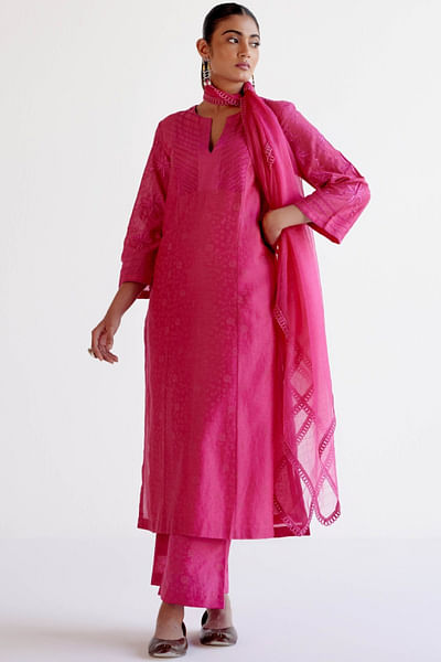 Fuchsia pink embroidered kalidar kurta set