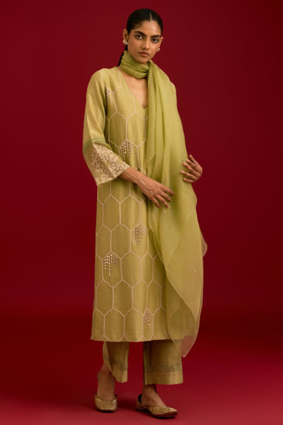 Pistachio green embroidered kurta set