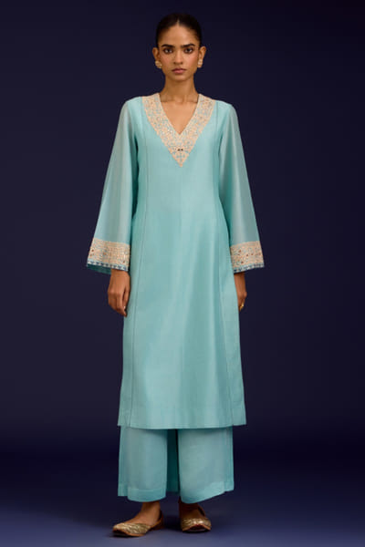 Aqua blue dori and mirror embroidery kurta set