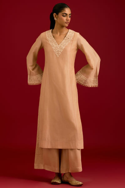 Beige dori and mirror embroidered kurta set