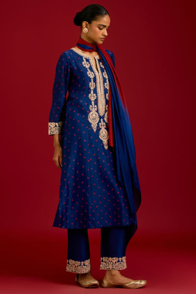 Navy blue thread-mirror embroidered kurta set