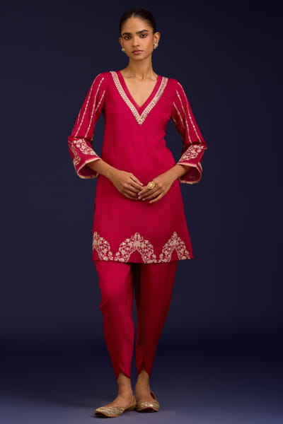 Fuchsia pink mirror dori embroidered kurta set