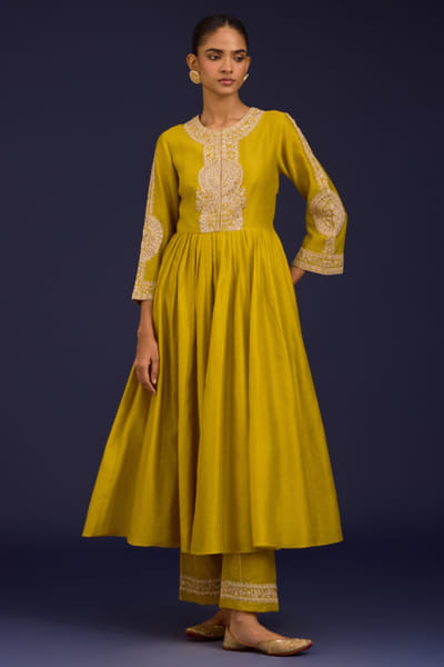 Mustard dori mirror embroidered anarkali set