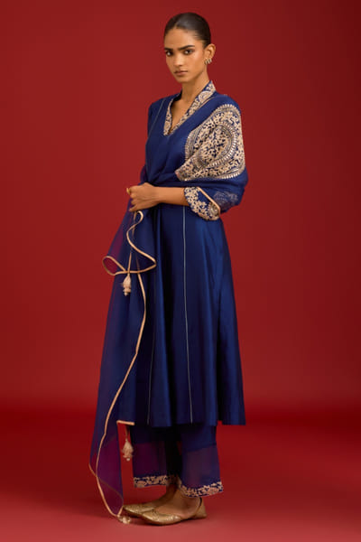 Navy blue mirror dori embroidered kurta set