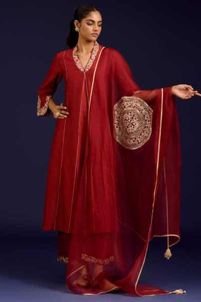 Rust mirror and dori embroidered kurta set