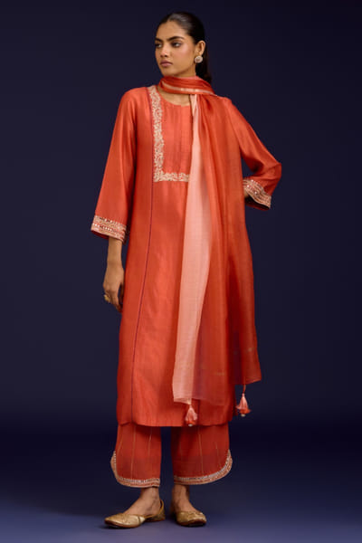 Orange mirror and dori embroidered kurta set