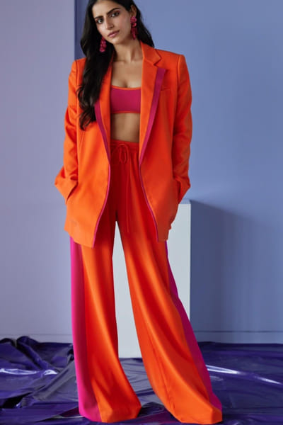 Orange and pink colour block blazer pant set