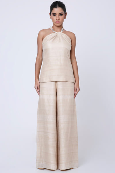 Beige handwoven halter neck top and pants