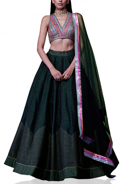 Bottle green embellished lehenga set