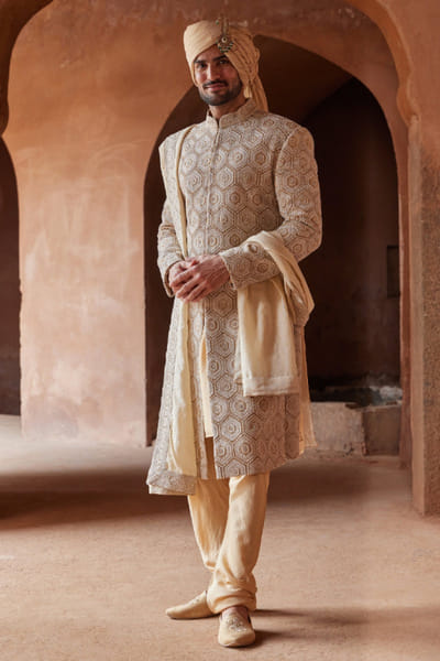 Mustard resham embroidered sherwani set