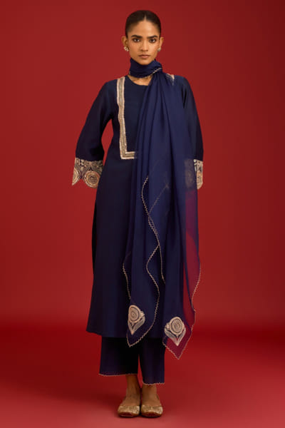 Navy blue dori and sequin embroidery kurta set