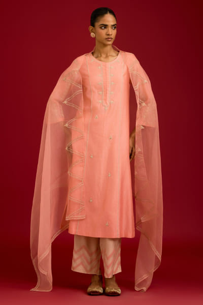 Pink dori and mirror embroidered kurta set