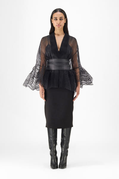 Black metallic corded ruffle cape