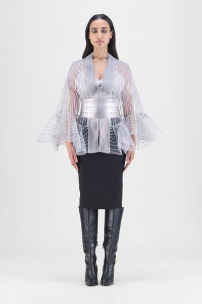 Steel metallic corded ruffle cape