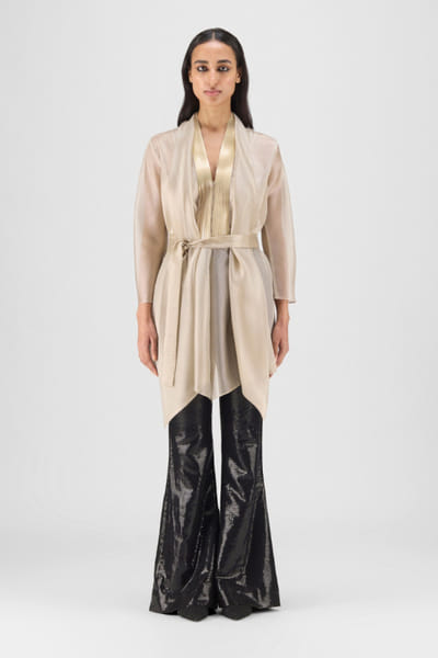 Sand metallic draped organza top