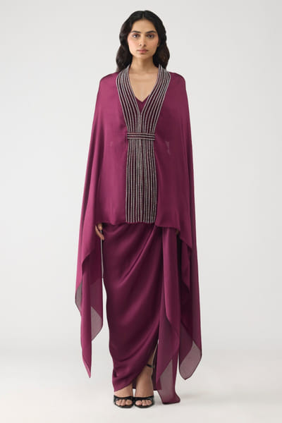Plum crystal embellished cape skirt set