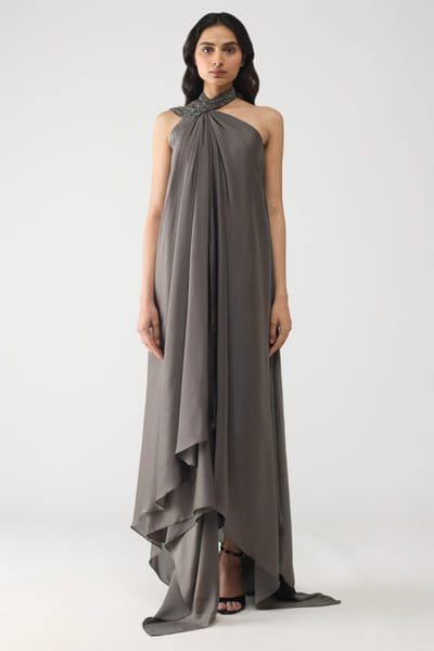 Amit Aggarwal Pewter grey crystal embellished dress AMIDEC25D134420