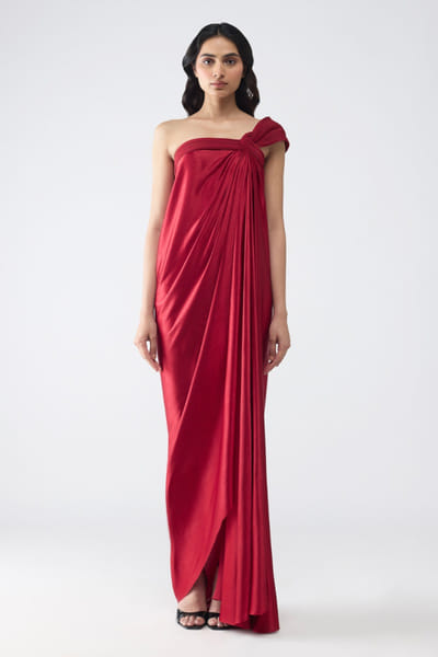 Magma red corded off shoulder dress