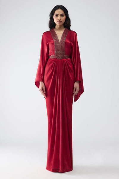 Magma red banarasi detailed kaftan dress