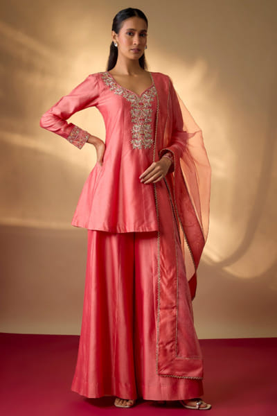 The Aarya Coral zardozi embroidered peplum sharara set THEOCT25D136227
