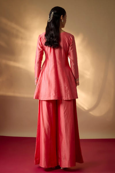 The Aarya Coral zardozi embroidered peplum sharara set THEOCT25D136227