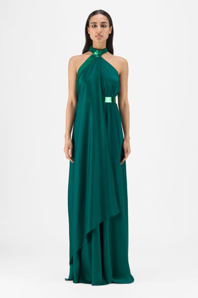Emerald metallic pleated halter neck dress
