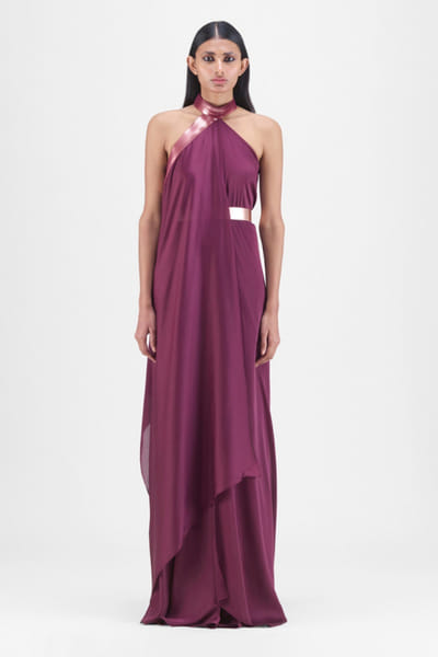 Plum metallic pleated halter neck dress