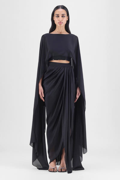 Black metallic cape skirt set