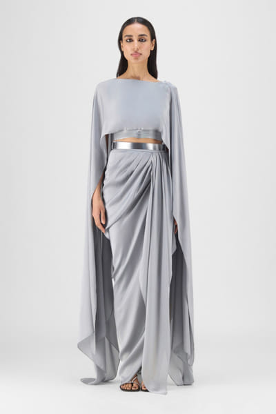 Steel metallic pleated draped cape skirt set