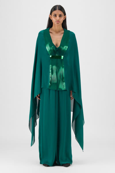 Emerald metallic pleated draped cape set