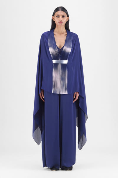 Ink blue metallic pleated draped cape set