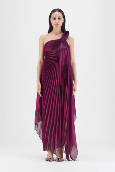 Plum pleated fluid organza dress