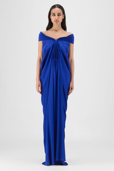 Amit Aggarwal Blue pleated cowl crepe dress AMIDEC25D134449