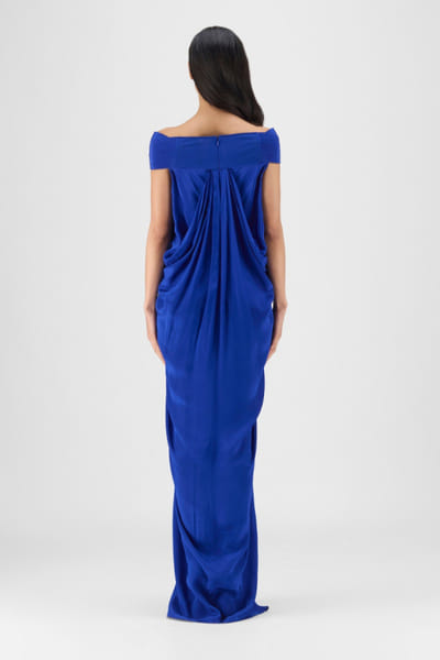 Amit Aggarwal Blue pleated cowl crepe dress AMIDEC25D134449