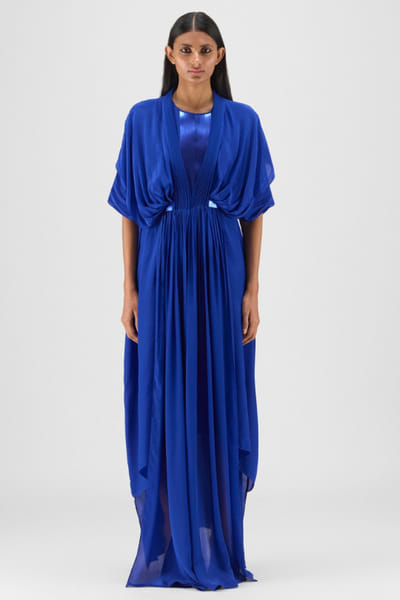 Amit Aggarwal Blue layered and metallic micro pleated dress AMIDEC25D235300
